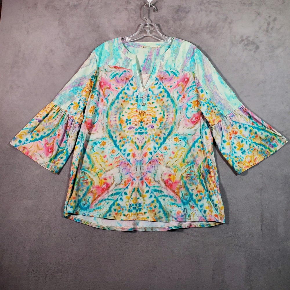 Soft Surroundings Tunic Womens L Multi Color Bell Sleeve Boho Festival Coastal